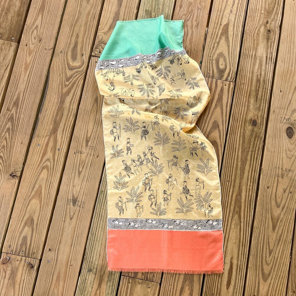 Vintage 1950s Specialty House Silk Scarf Mid Century Print Fringed Foulard